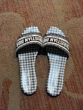 Dior Light Blue & Black Houndstooth Slide Sandals